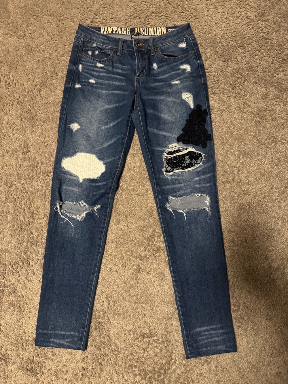 Rewash Dark Blue Ripped Skinny Jeans with Black Patchwork